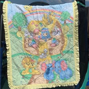 Vintage Precious Moments Noahs Ark Baby Blanket Quilt Yellow Ruffle Trim…